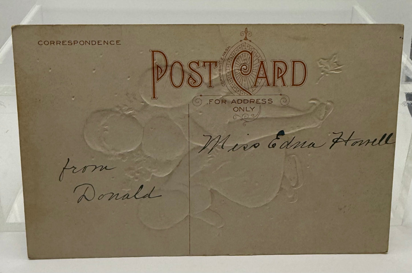 Unposted Nash C-64 Antique Christmas Snowbaby Ice Skaters Postcard Embossed Cute Children Winter Scene Holding Holly Skating Snowbabies Snow Babies