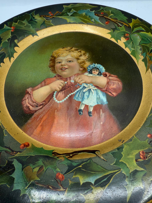 C.D. Kenny Tin Litho Christmas Holly Plate Girl with Doll and Pearls Advertising Premium for Coffee and Tea