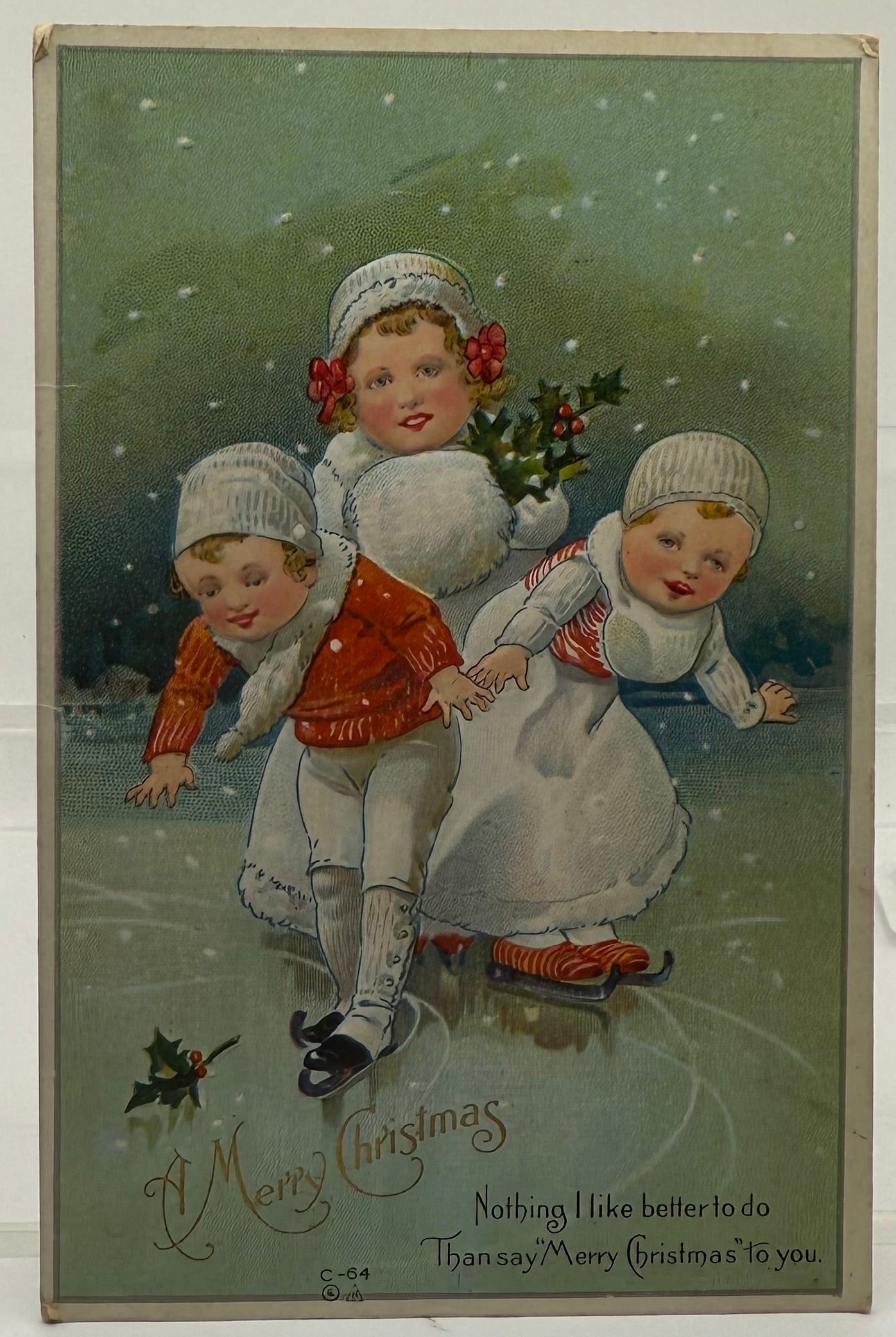 Unposted Nash C-64 Antique Christmas Snowbaby Ice Skaters Postcard Embossed Cute Children Winter Scene Holding Holly Skating Snowbabies Snow Babies