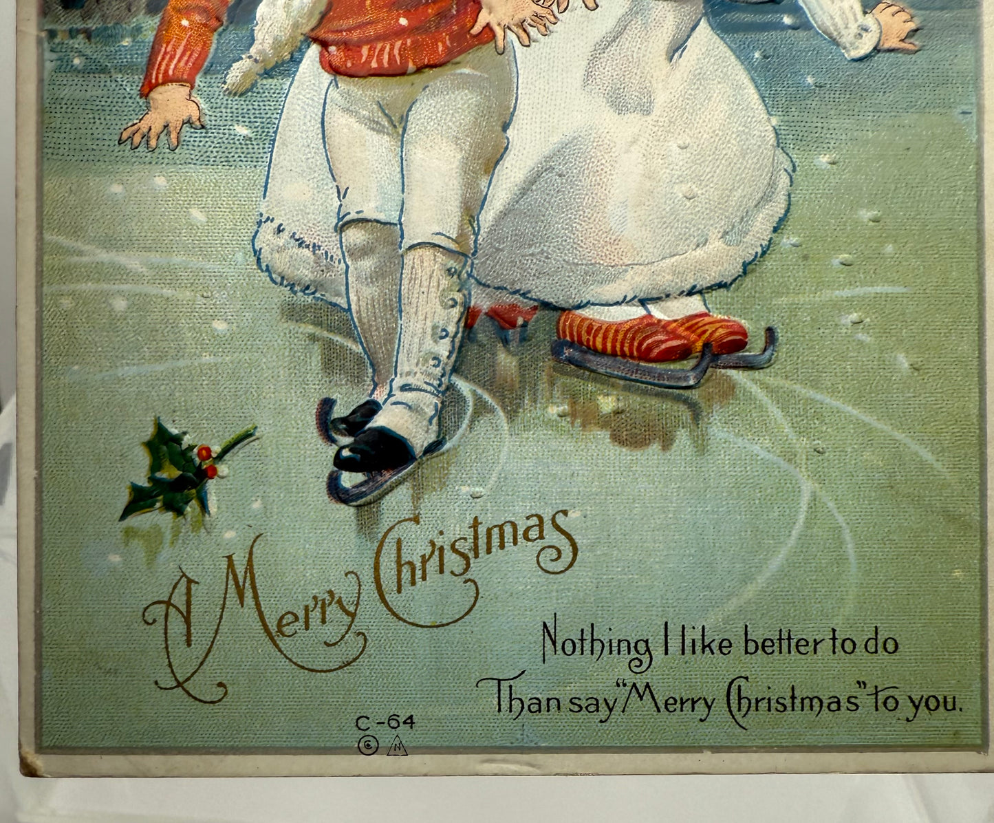 Unposted Nash C-64 Antique Christmas Snowbaby Ice Skaters Postcard Embossed Cute Children Winter Scene Holding Holly Skating Snowbabies Snow Babies