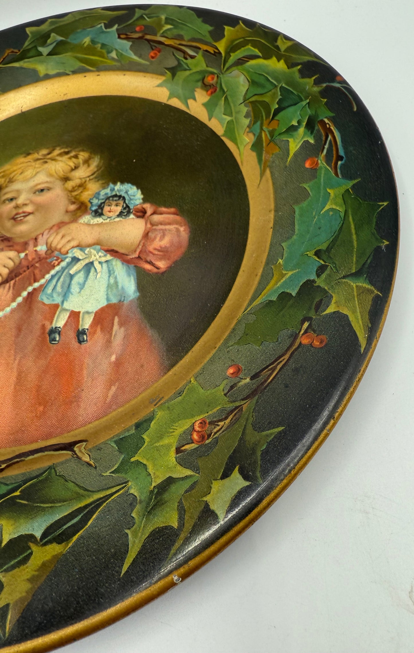 C.D. Kenny Tin Litho Christmas Holly Plate Girl with Doll and Pearls Advertising Premium for Coffee and Tea