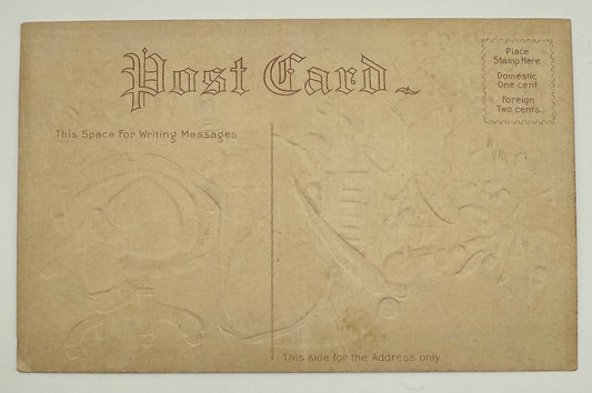 Unposted Santa Claus on the Telephone at Desk Embossed Patriotic Postcard with American Flag and Sack of Toys Holly Christmas